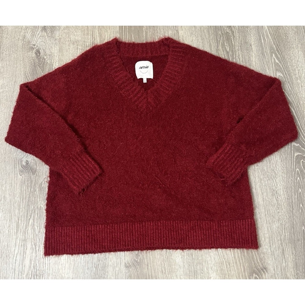 Aerie Red Fuzzy Oversized Soft V-Neck Sweater Women's Large